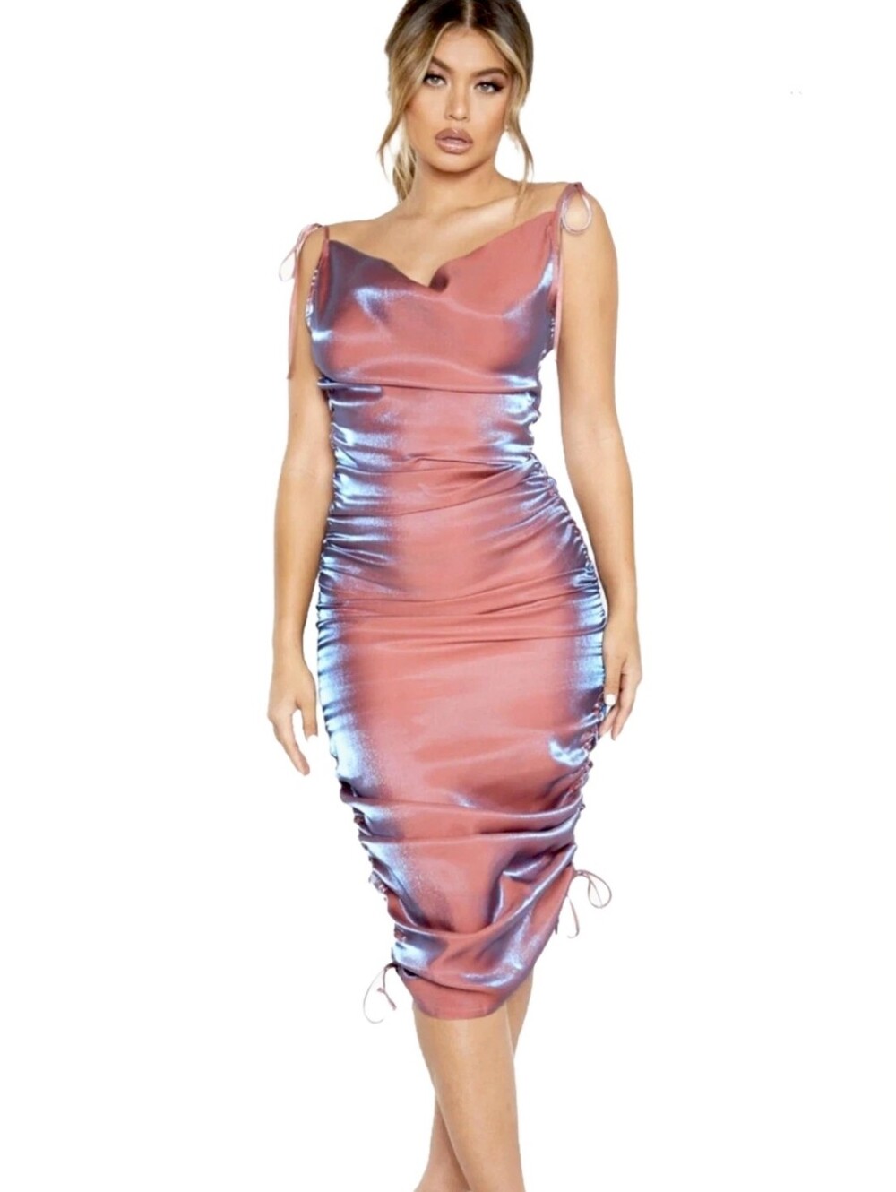 PrettyLittleThing Satin Ruched Tie Strap Midi Dress US 2 UK 6 Like New